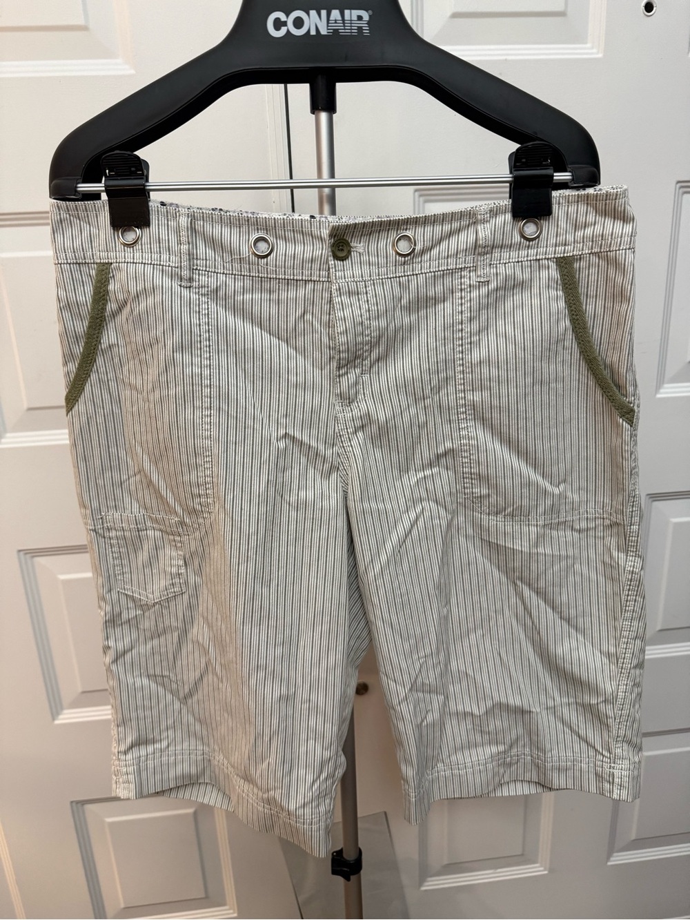 Weatherproof Women's White Pinstriped Bermuda Shorts with Olive Pocket Trim